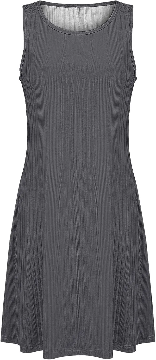 Womens Summer Sleeveless Mini Dress Crewneck Casual A Line Pleated Cover Ups Swing Tank Dresses