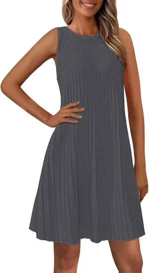 Womens Summer Sleeveless Mini Dress Crewneck Casual A Line Pleated Cover Ups Swing Tank Dresses