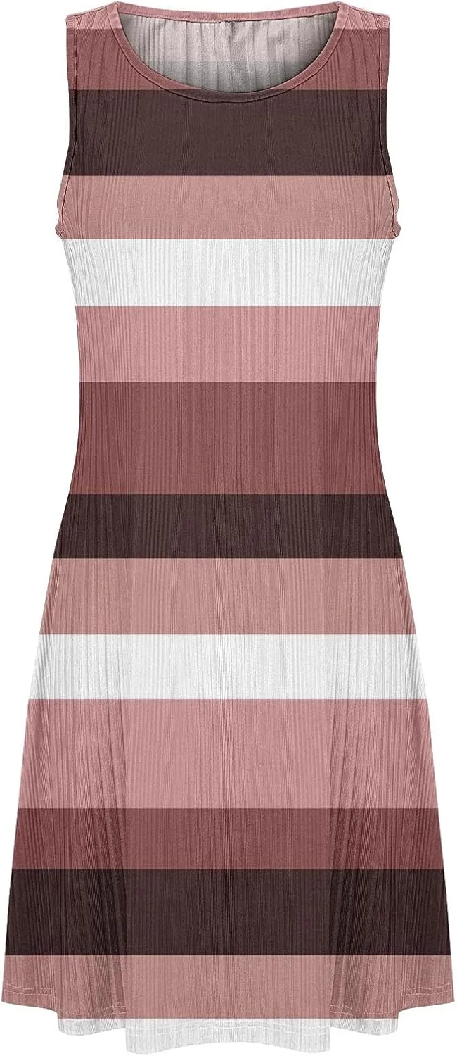 Women's Summer Tank Mini Dress Sleeveless A-Line Dresses Casual Stripe Floral T-Shirt Dress Flowy Beach Sundress