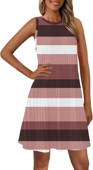 Women's Summer Tank Mini Dress Sleeveless A-Line Dresses Casual Stripe Floral T-Shirt Dress Flowy Beach Sundress