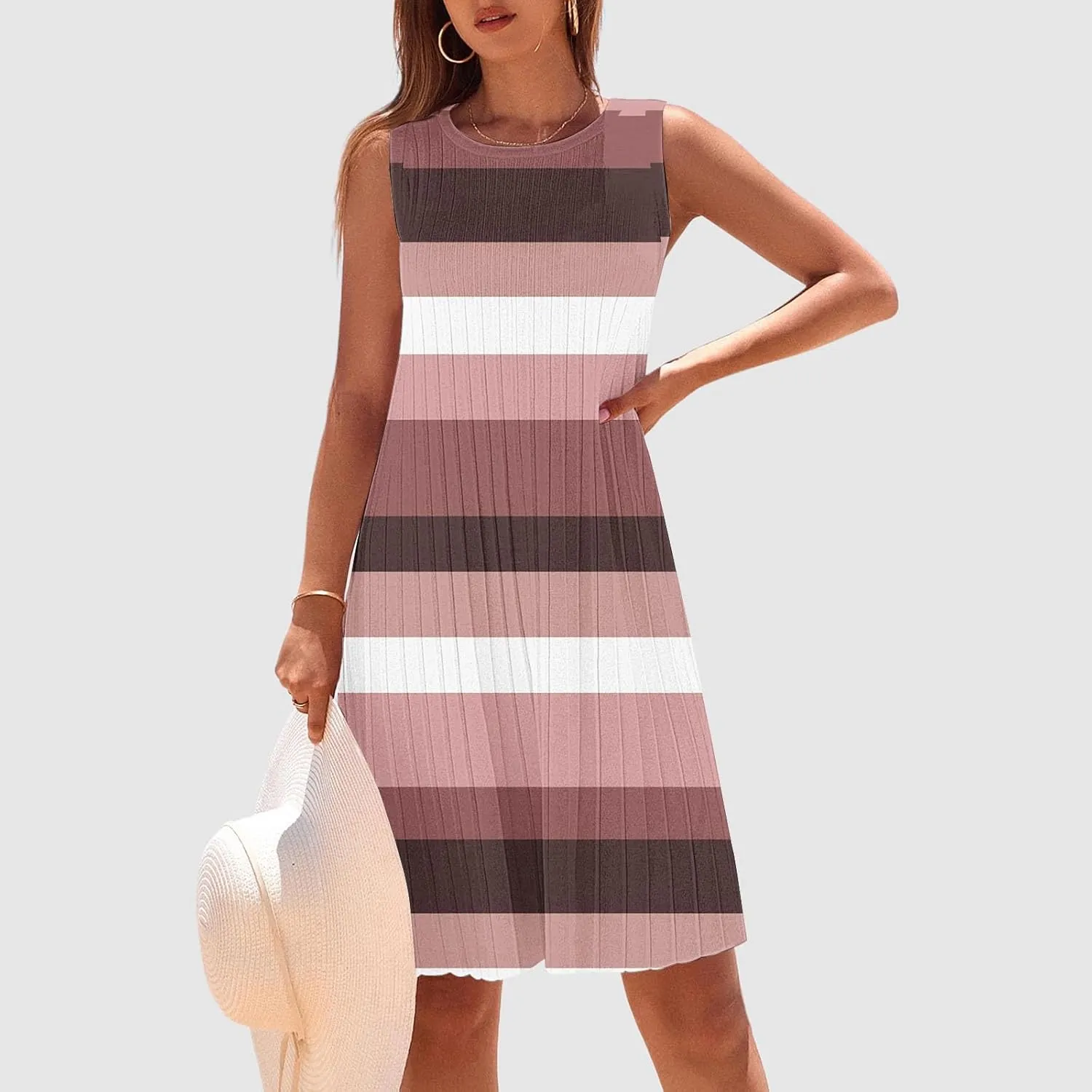 Women's Summer Tank Mini Dress Sleeveless A-Line Dresses Casual Stripe Floral T-Shirt Dress Flowy Beach Sundress