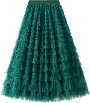 Women's Tulle Long Skirt High Waist Pleated Layered Elastic Waist Midi Skirt Mesh Ballet Wedding Prom Party A-Line Tutu Skirt