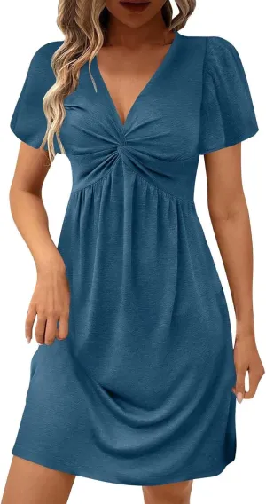 Womens Twist Front V Neck Summer Dress Sexy Elegant Puff Sleeve Casual Pleated Mini Dresses Swing A Line Sundresses