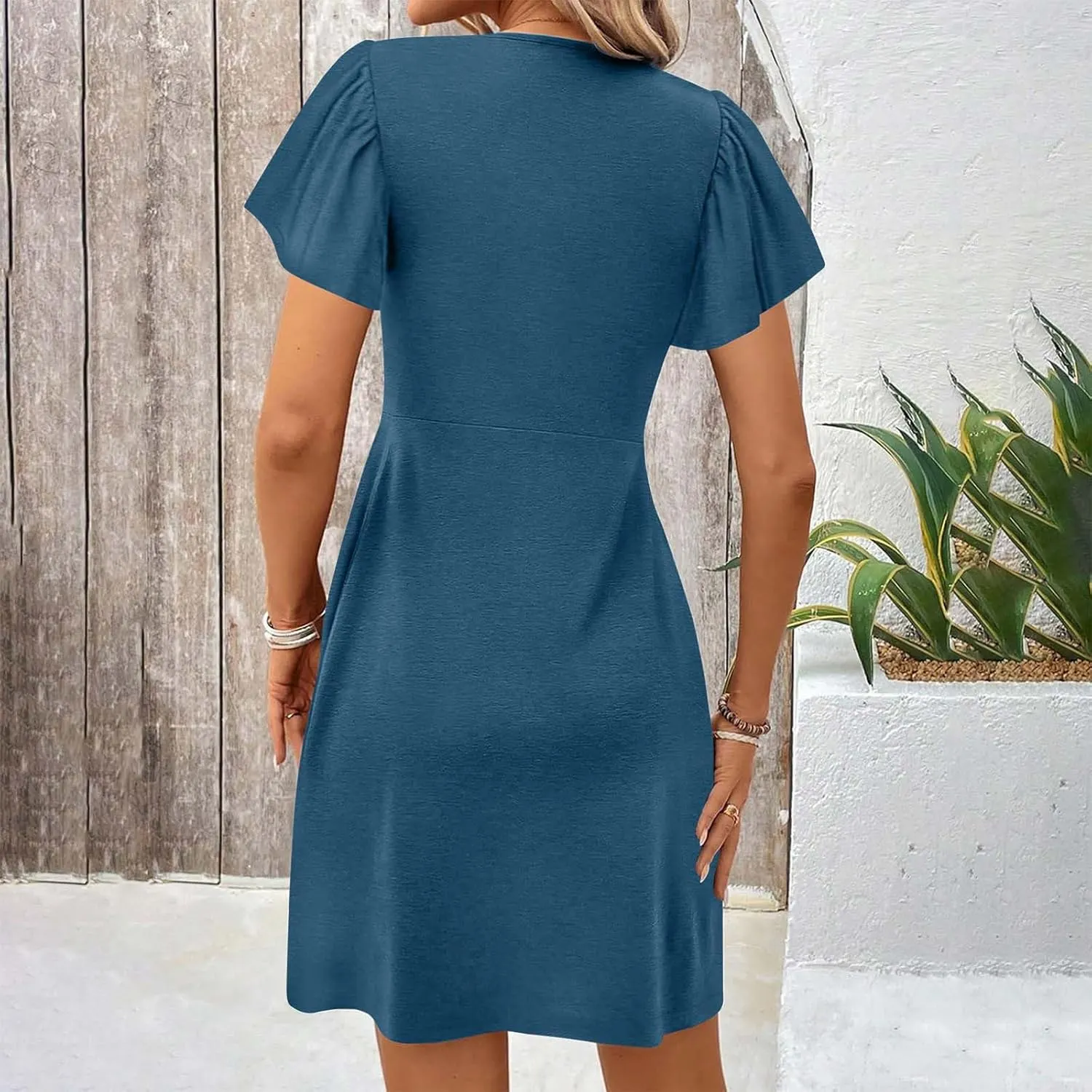 Womens Twist Front V Neck Summer Dress Sexy Elegant Puff Sleeve Casual Pleated Mini Dresses Swing A Line Sundresses