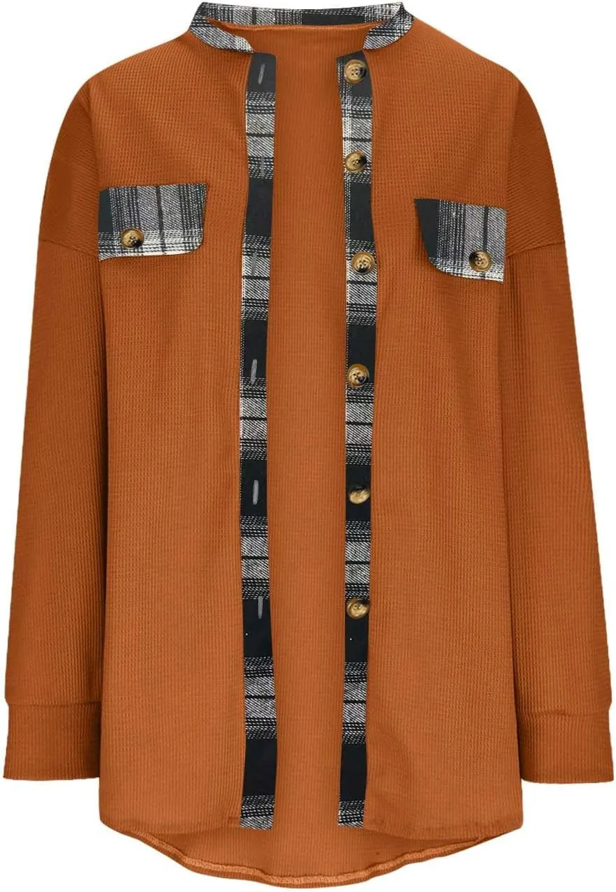 Womens Waffle Knit Shacket Boyfriend Button Down Shirt Jacket Loose Long Sleeve Tops Fall Fashion y2k Clothes