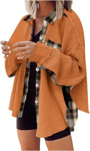 Womens Waffle Knit Shacket Boyfriend Button Down Shirt Jacket Loose Long Sleeve Tops Fall Fashion y2k Clothes
