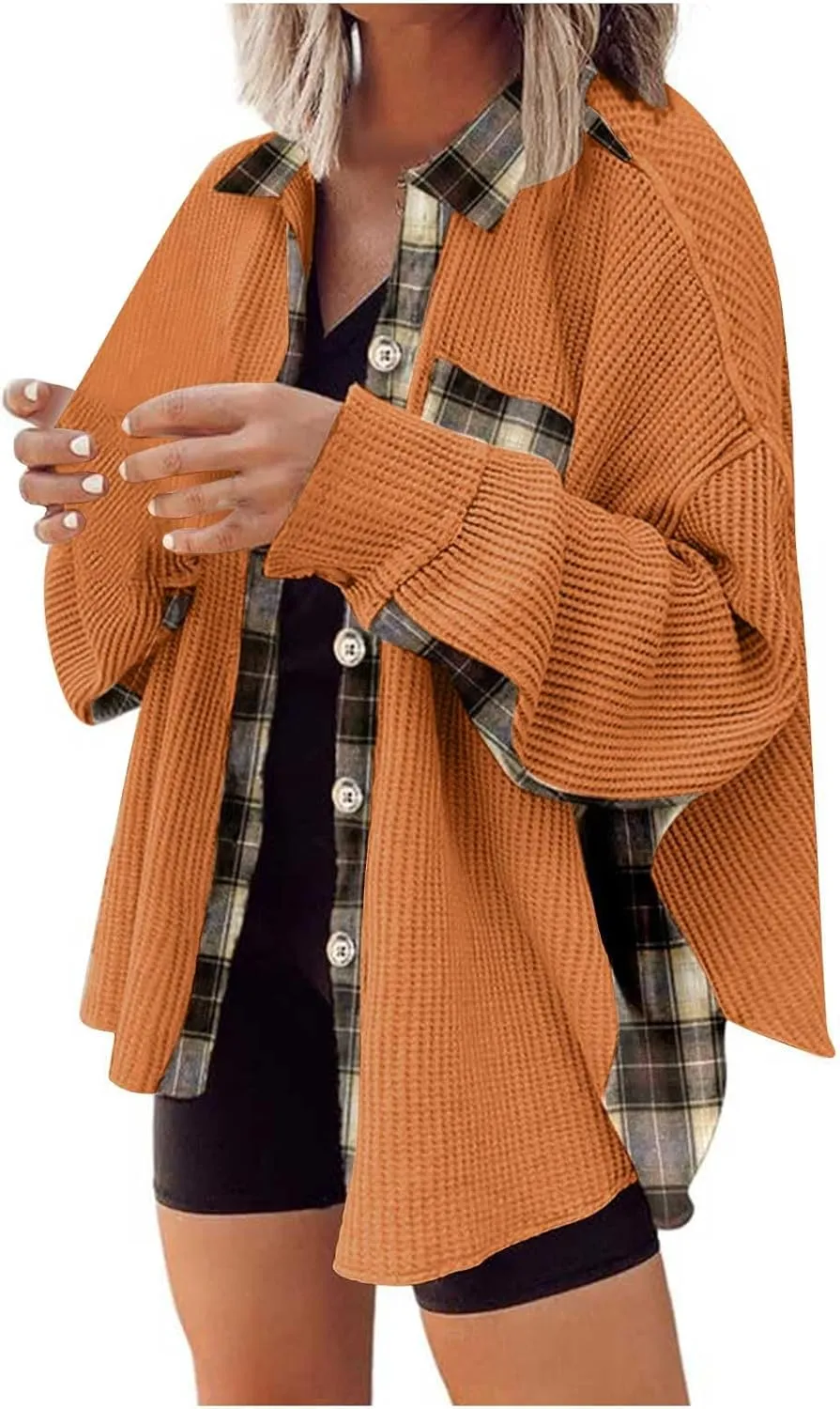 Womens Waffle Knit Shacket Boyfriend Button Down Shirt Jacket Loose Long Sleeve Tops Fall Fashion y2k Clothes