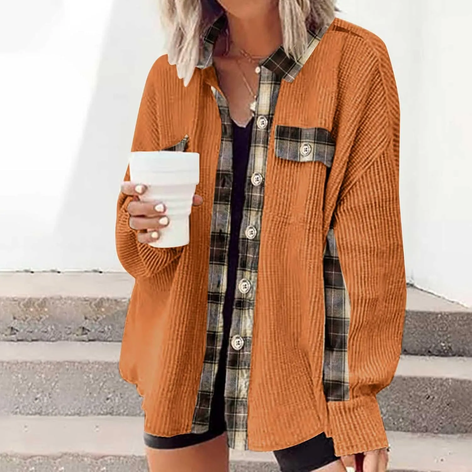 Womens Waffle Knit Shacket Boyfriend Button Down Shirt Jacket Loose Long Sleeve Tops Fall Fashion y2k Clothes