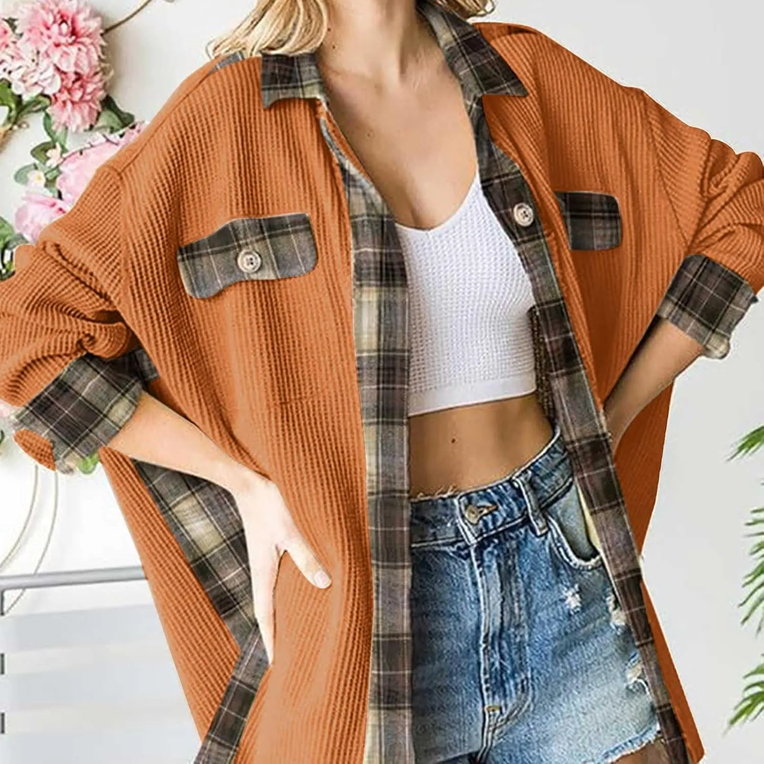 Womens Waffle Knit Shacket Boyfriend Button Down Shirt Jacket Loose Long Sleeve Tops Fall Fashion y2k Clothes