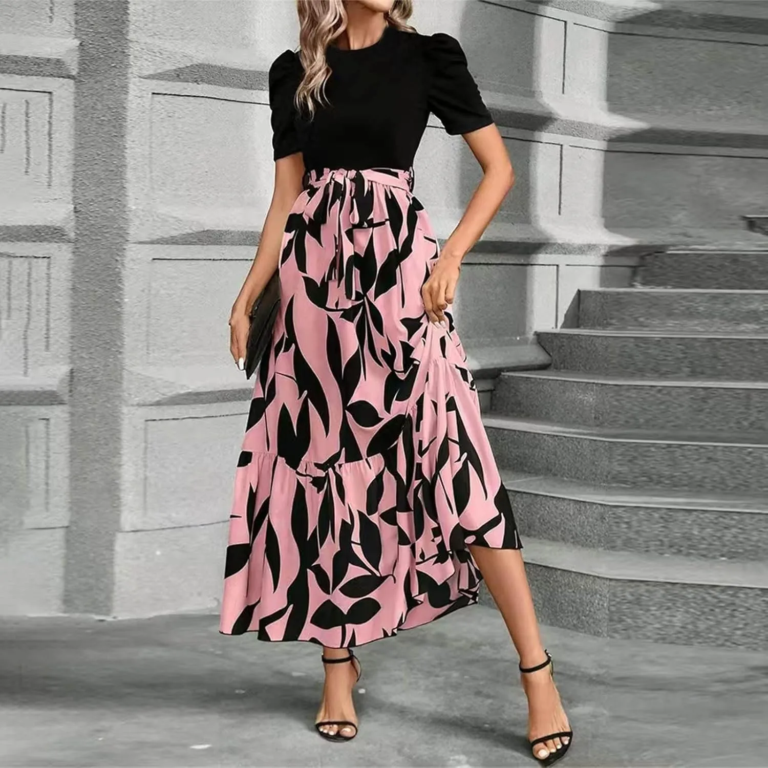 Work Dresses for Women 2025 Elegant Classy Summer Empire Waist Short Sleeve A Line Dress Wedding Guest Wrap Sundress