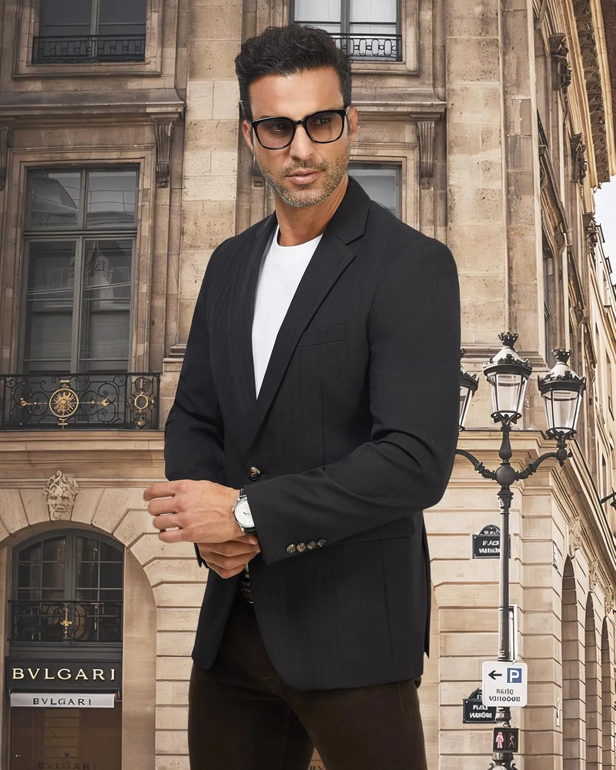 WULFUL Men's Herringbone Blazer Jacket Lightweight Casual Sport Coat One Button Suit Jackets