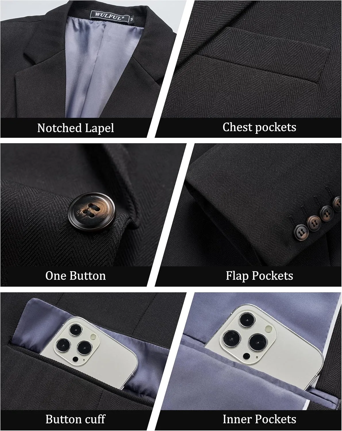 WULFUL Men's Herringbone Blazer Jacket Lightweight Casual Sport Coat One Button Suit Jackets