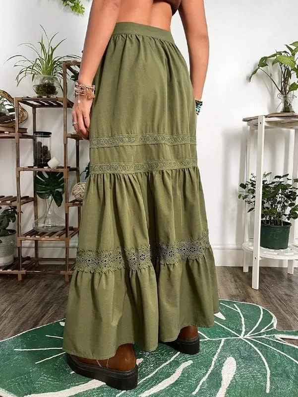 Y2K Fairycore Lace Trim White Long Skirts Ruched Low Rise A Line Maxi Skirts Pleated Boho Midi Skirts Harajuku Outfit