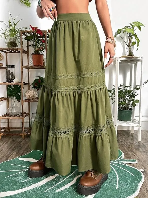 Y2K Fairycore Lace Trim White Long Skirts Ruched Low Rise A Line Maxi Skirts Pleated Boho Midi Skirts Harajuku Outfit