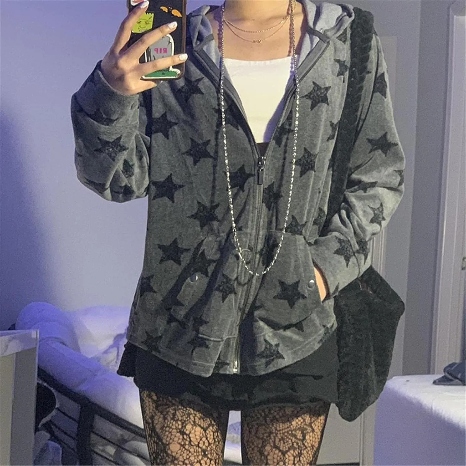 Y2k Zip Up Hoodies for Teen Girls Aesthetic Trendy Oversized Sweatshirt Womens 2022 Star Graphic Print Jackets