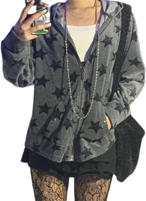 Y2k Zip Up Hoodies for Teen Girls Aesthetic Trendy Oversized Sweatshirt Womens 2022 Star Graphic Print Jackets