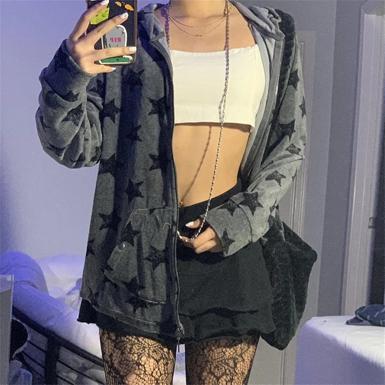 Y2k Zip Up Hoodies for Teen Girls Aesthetic Trendy Oversized Sweatshirt Womens 2022 Star Graphic Print Jackets