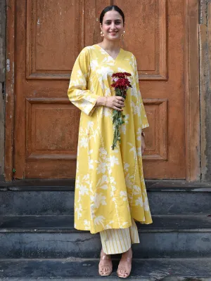 Yellow Floral Paneled Kurta Set