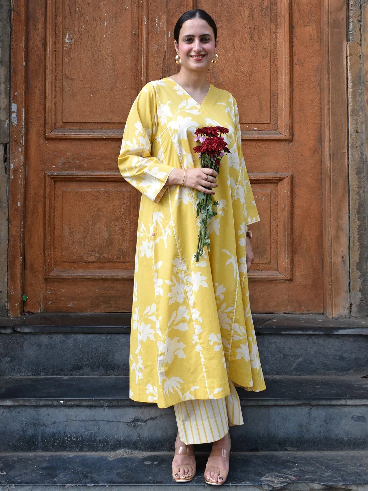 Yellow Floral Paneled Kurta Set