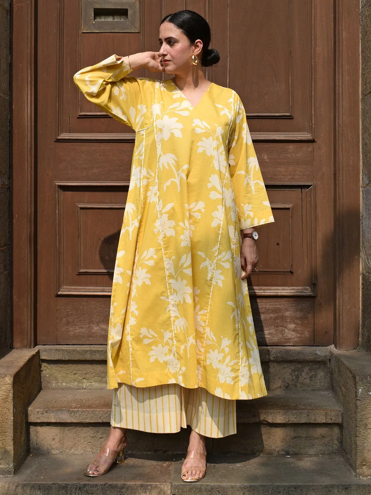 Yellow Floral Paneled Kurta Set