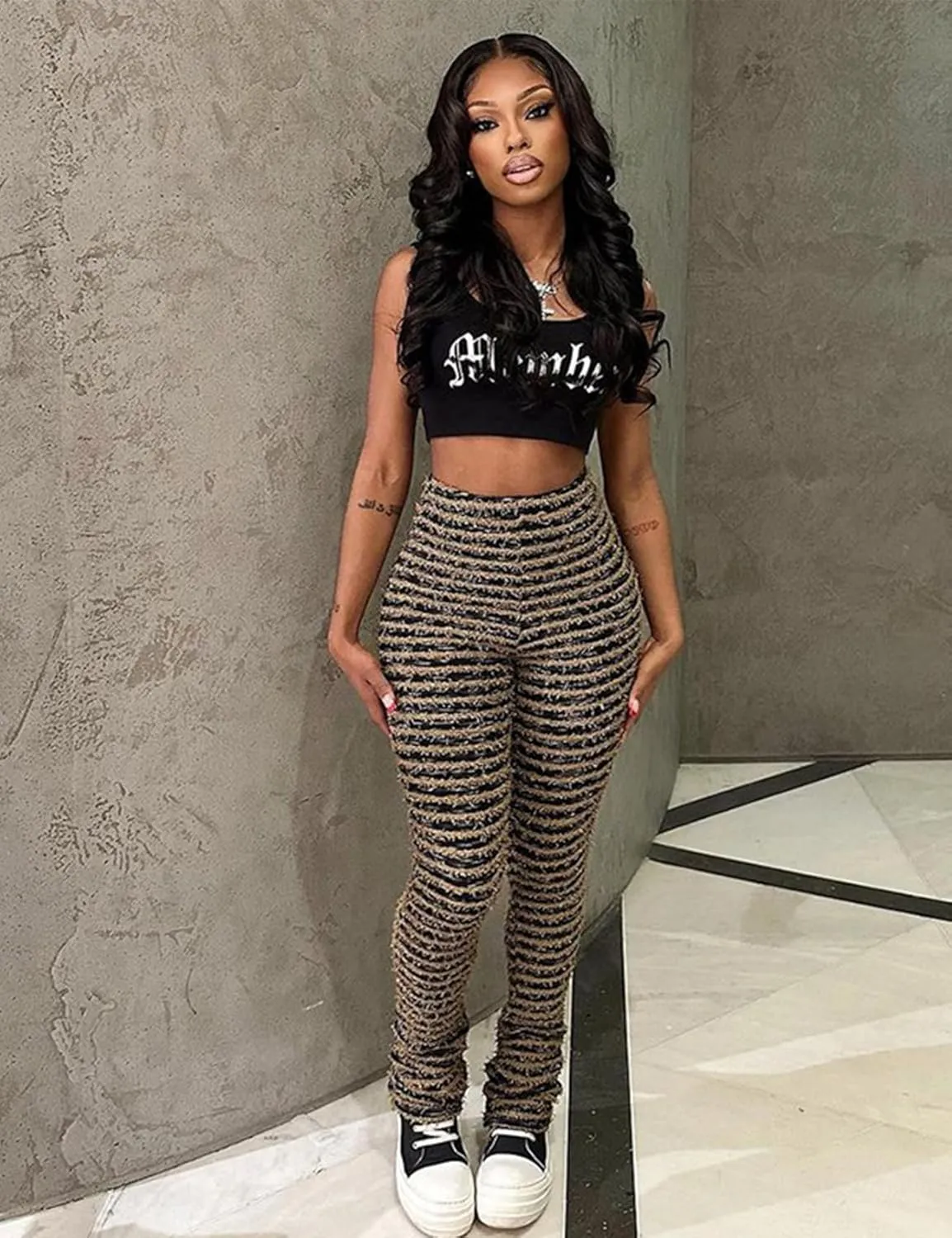 Yimoon Stacked Fuzzy Pants Women Black and White Zebra Print High Waisted Striped Y2K Leggings