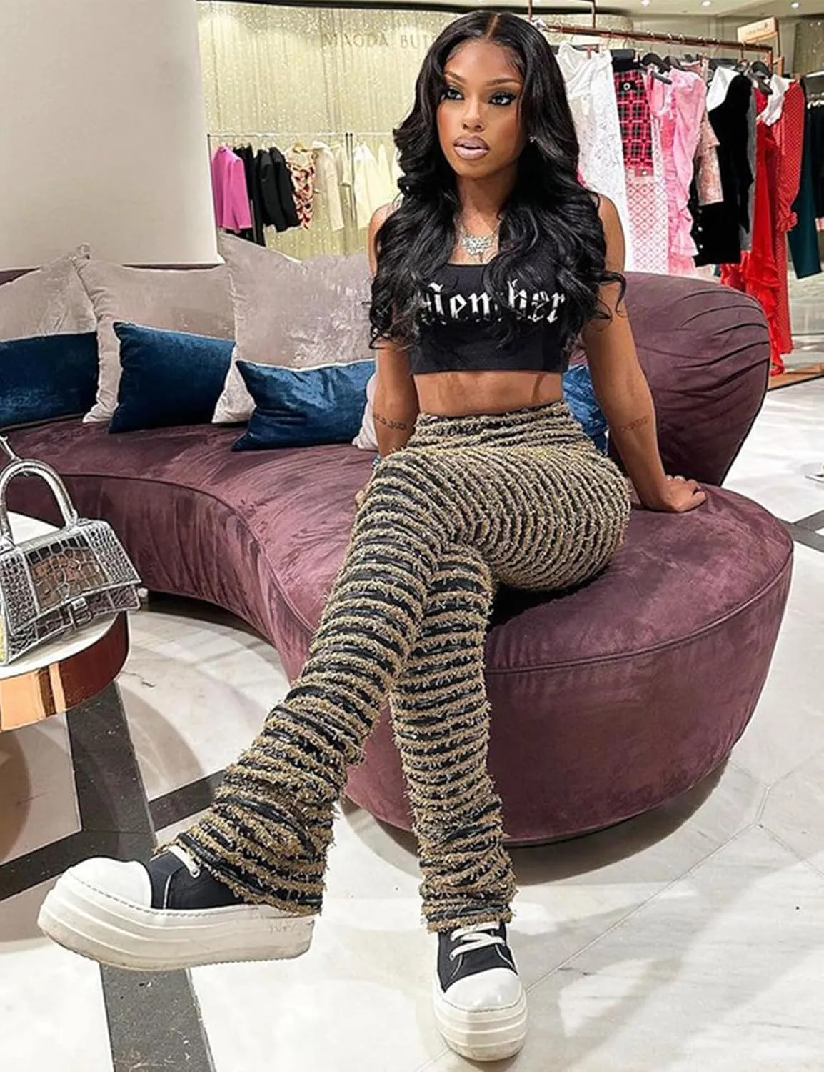 Yimoon Stacked Fuzzy Pants Women Black and White Zebra Print High Waisted Striped Y2K Leggings