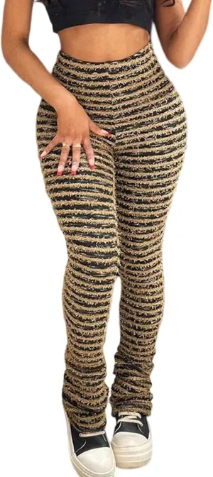 Yimoon Stacked Fuzzy Pants Women Black and White Zebra Print High Waisted Striped Y2K Leggings