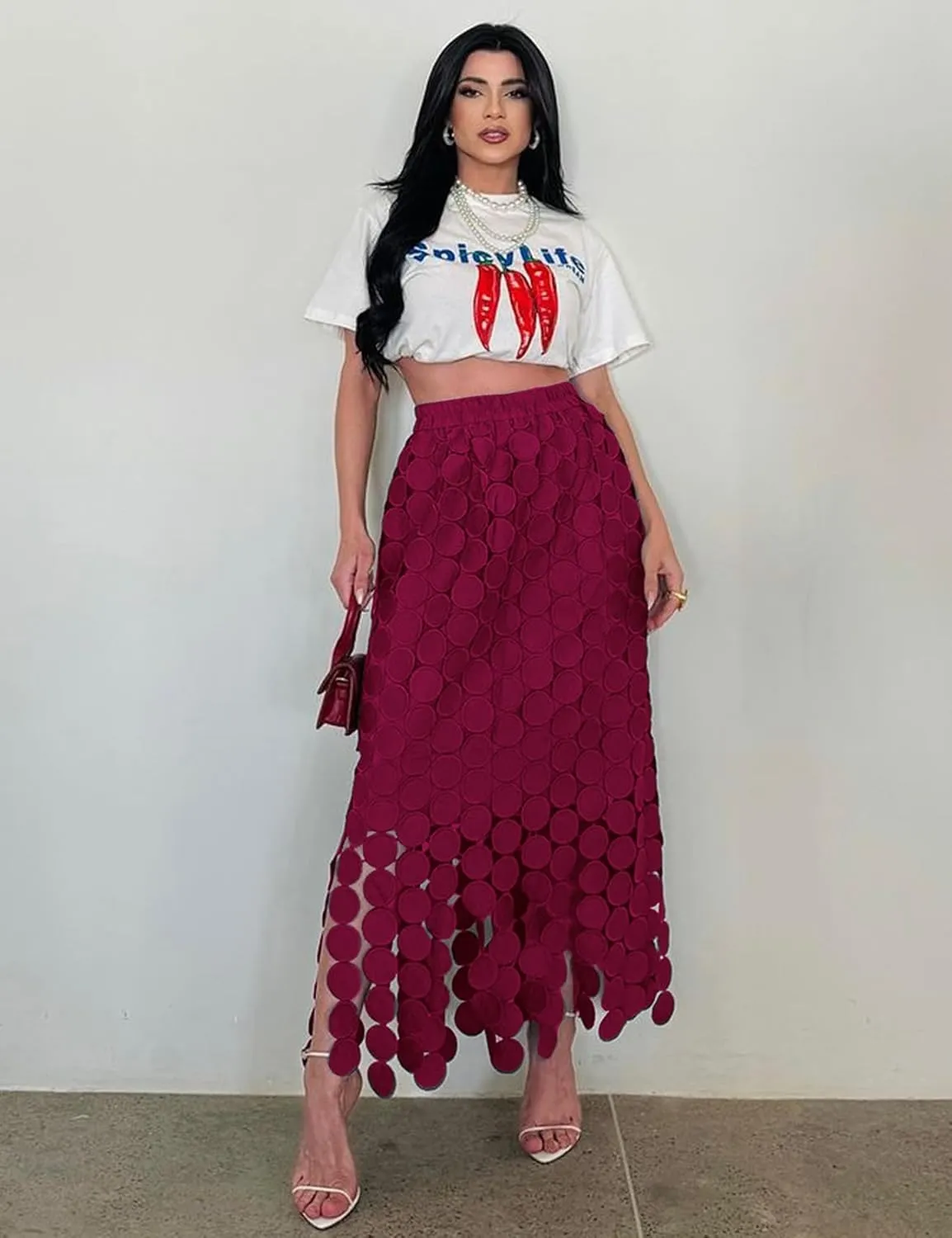 Yimoon Womens Hollow Out Maxi Skirt Elastic Waist Fringe Hem Long Skirt Tassel Trim Cocktail Party Midi Skirt