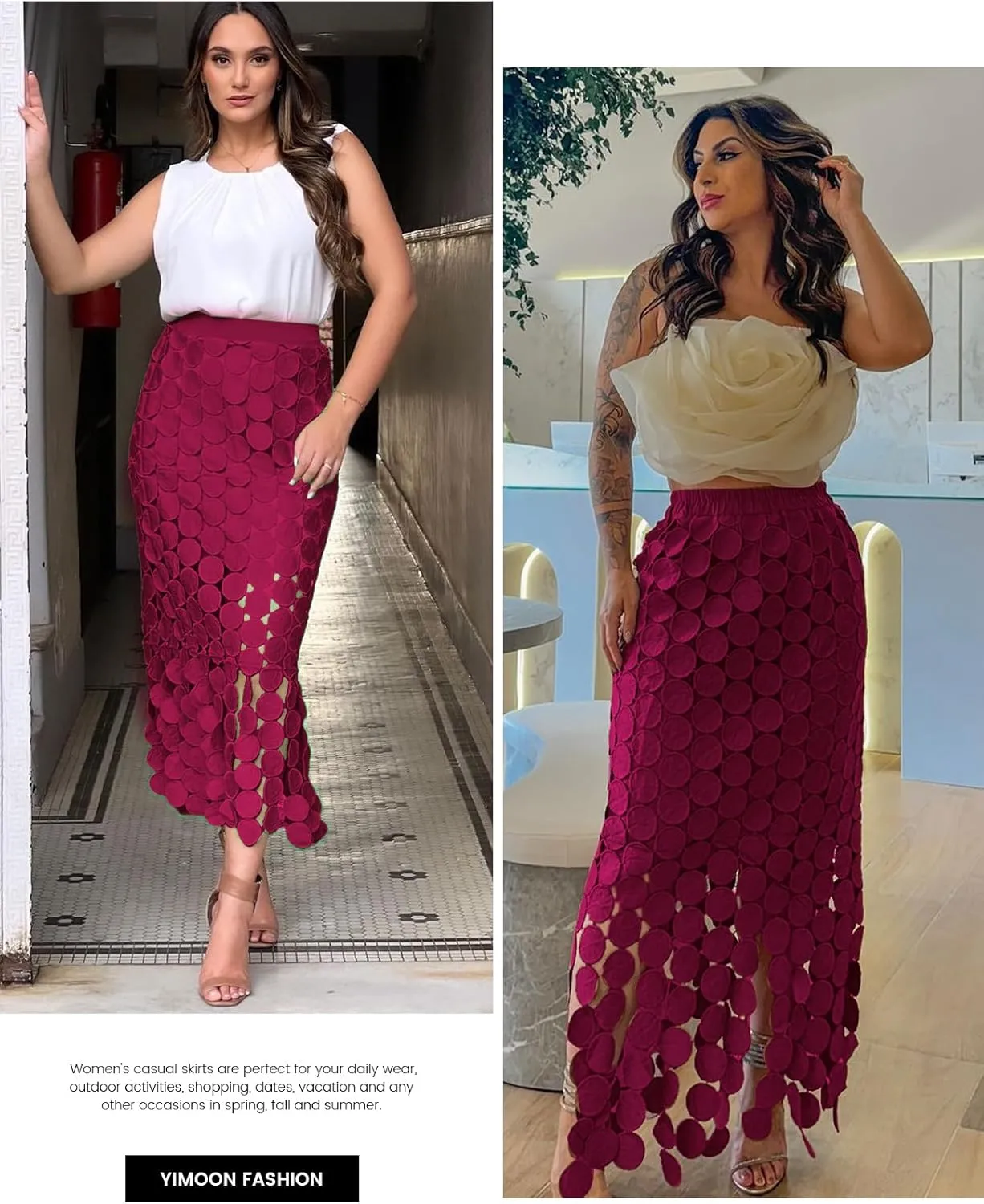 Yimoon Womens Hollow Out Maxi Skirt Elastic Waist Fringe Hem Long Skirt Tassel Trim Cocktail Party Midi Skirt