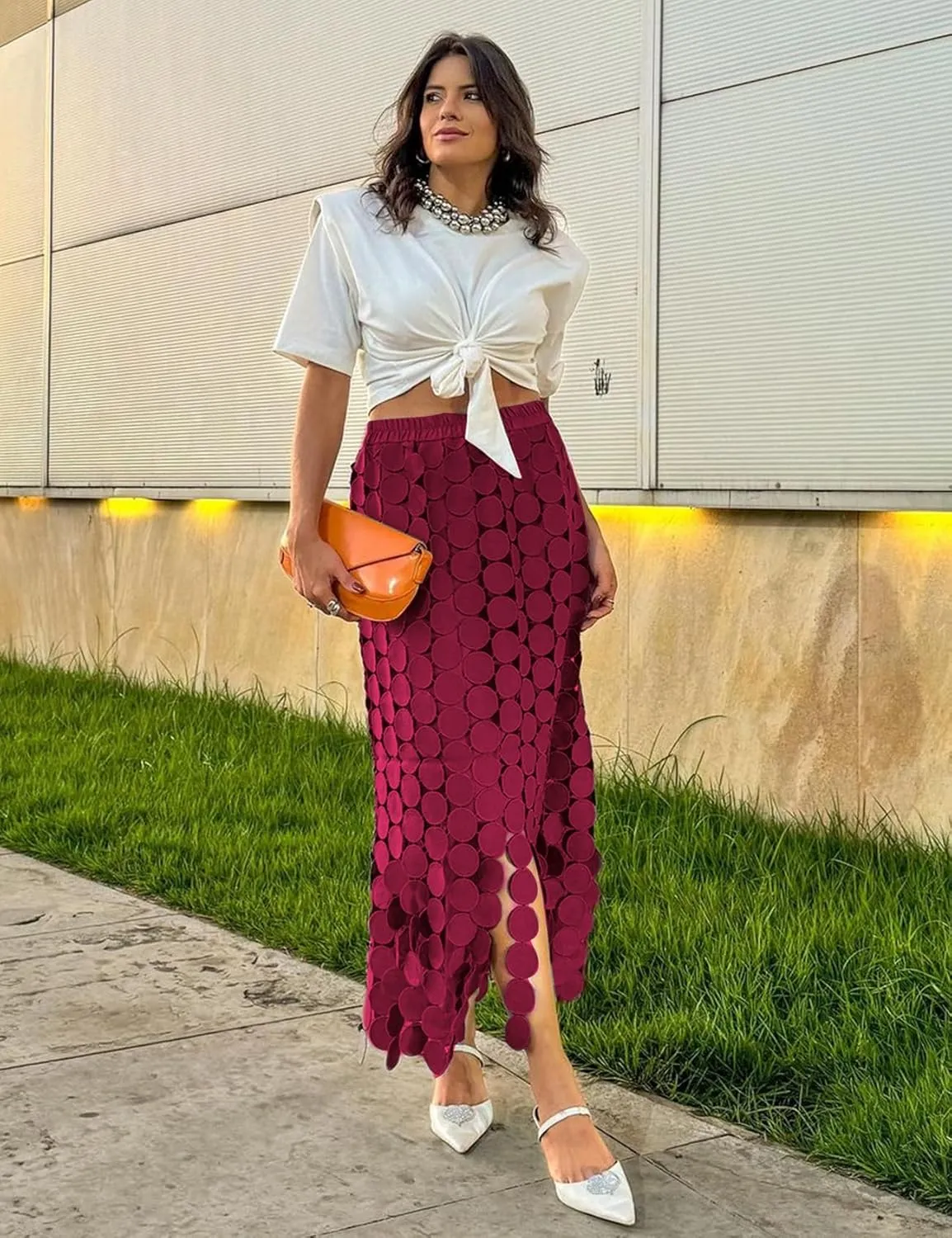 Yimoon Womens Hollow Out Maxi Skirt Elastic Waist Fringe Hem Long Skirt Tassel Trim Cocktail Party Midi Skirt