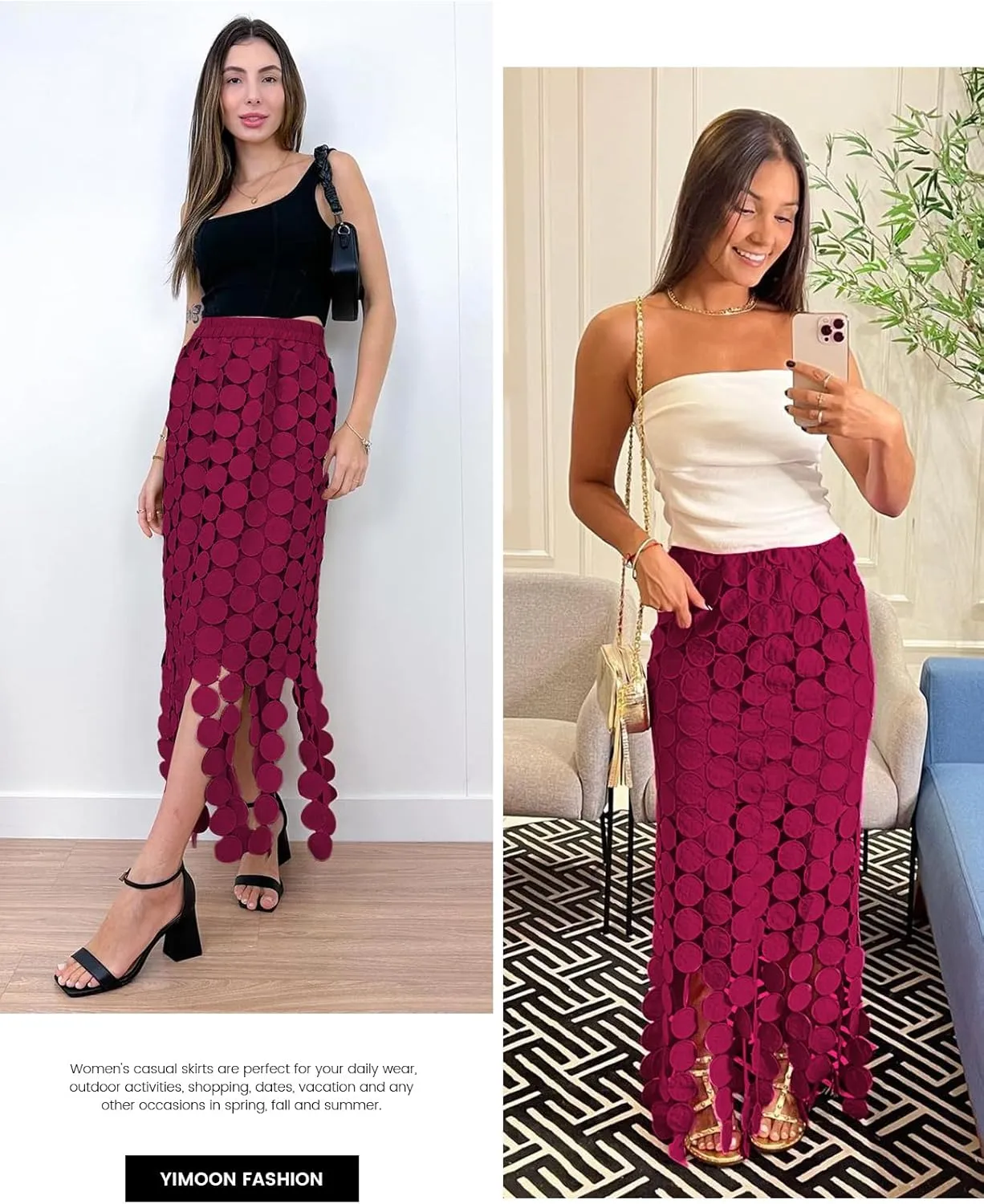 Yimoon Womens Hollow Out Maxi Skirt Elastic Waist Fringe Hem Long Skirt Tassel Trim Cocktail Party Midi Skirt