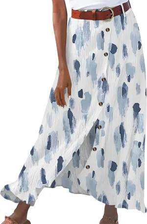 YMING Womens Button Front Flowy Maxi Skirt A Line Cotton Linen Skirts Casual Pleated Long Skirt