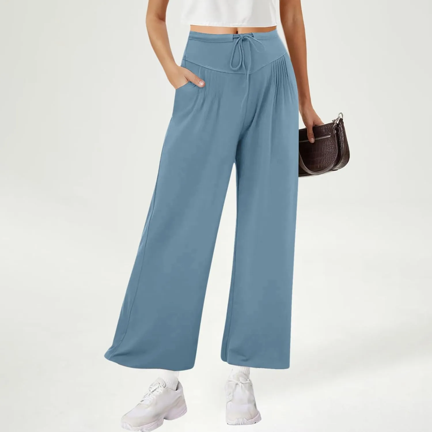 Yoga Pants Women with Pockets High Waist Wide Leg Flowy Palazzo Pants Summer Loose Fit Comfy Capri Trousers