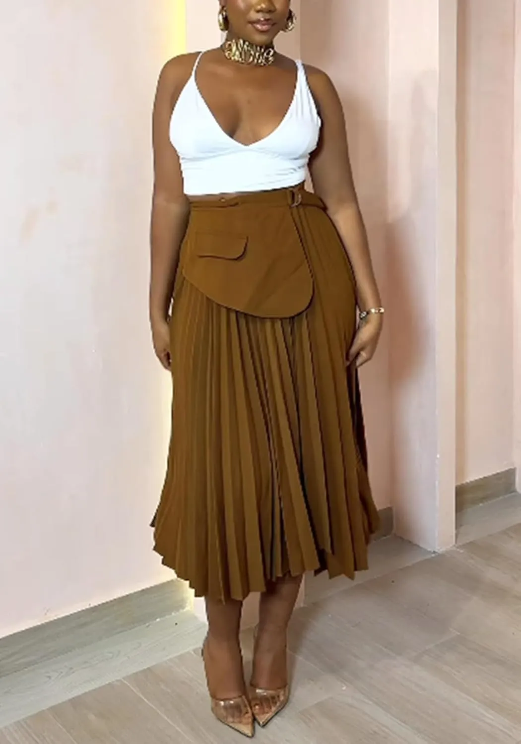 YOOTIKO Women Pleated Skirt High Waisted Midi Skirt Casual Work Flowy A Line Skirts with Buckle