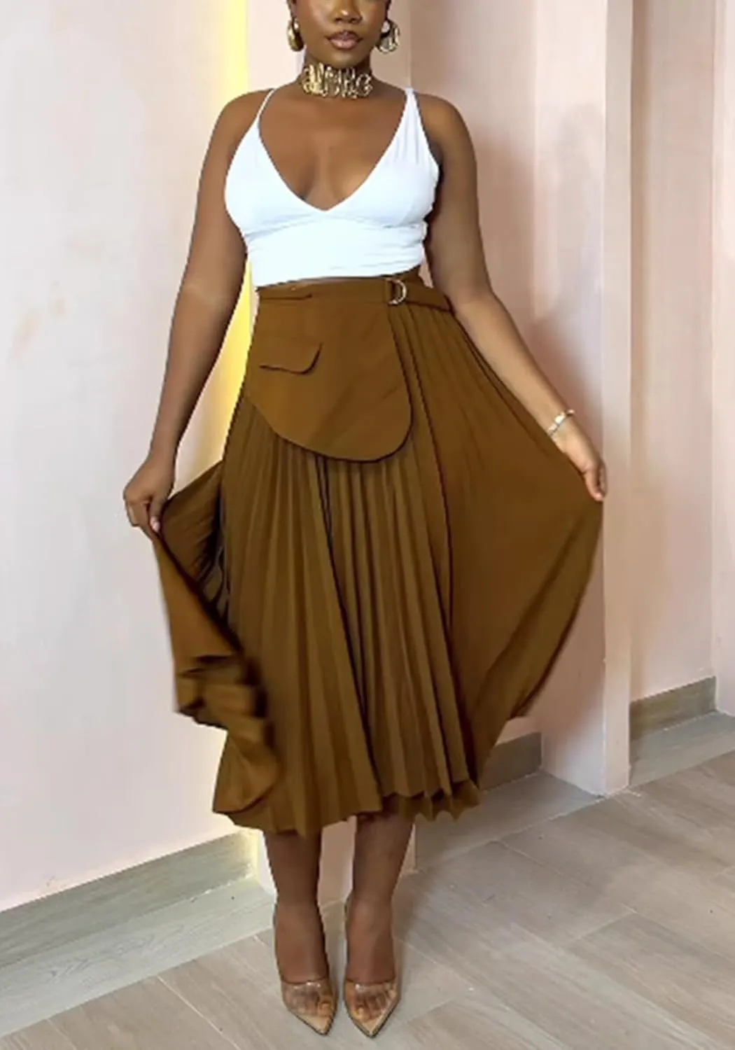 YOOTIKO Women Pleated Skirt High Waisted Midi Skirt Casual Work Flowy A Line Skirts with Buckle
