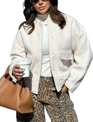 Yousify Women 2024 Fall Winter Fleece Jacket Long Sleeve Casual Button Fuzzy Sherpa Cropped Coats Outerwear with Pockets