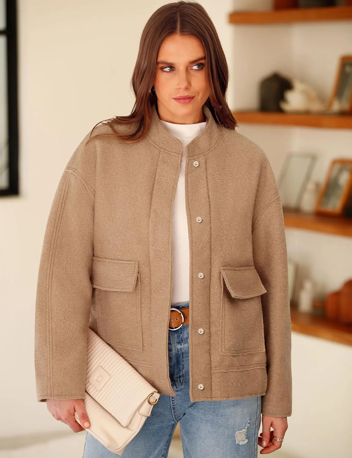 Yousify Women 2024 Fall Winter Fleece Jacket Long Sleeve Casual Button Fuzzy Sherpa Cropped Coats Outerwear with Pockets