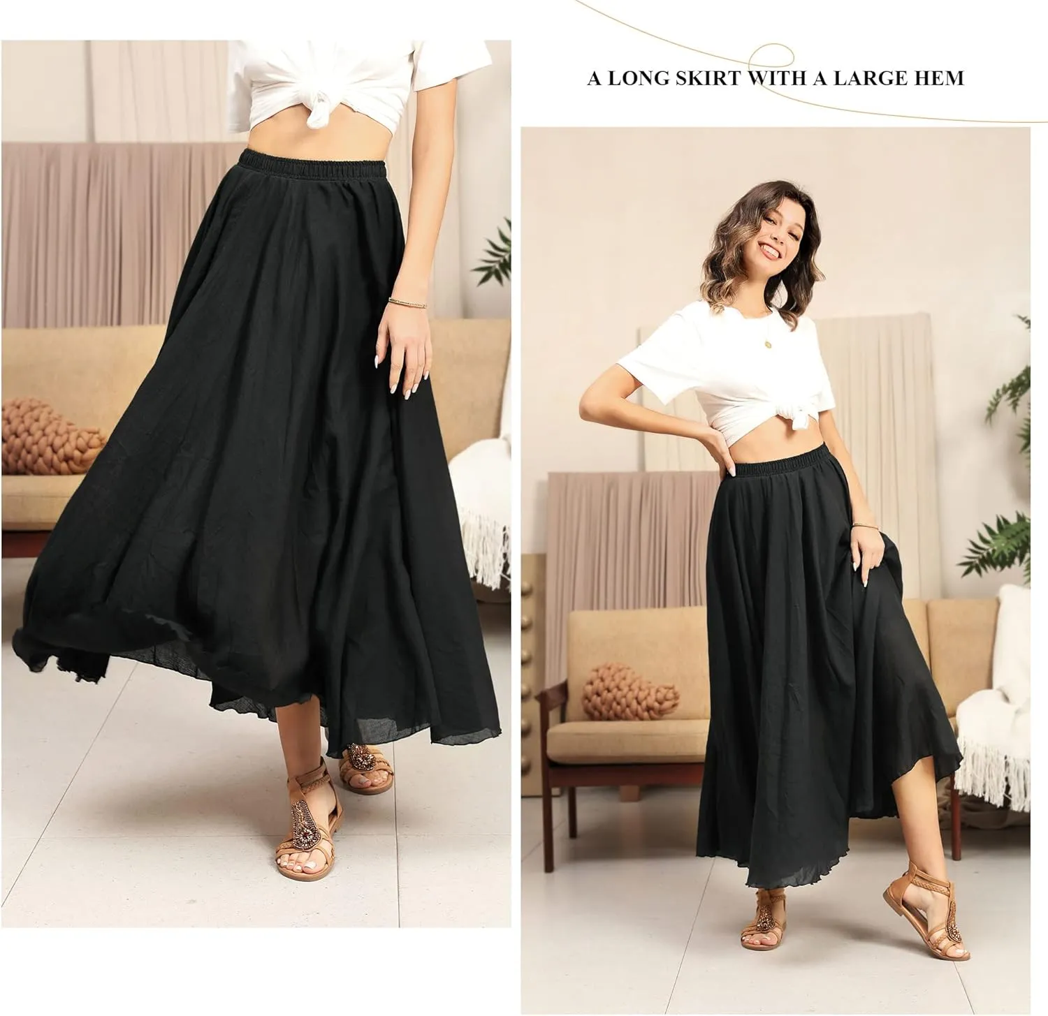 Ytfsrukp Womens Elastic High Waist Pleated A-Line Pleated Boho Flowy Swing Ruffle Long Skirts Ruffle Maxi Skirt