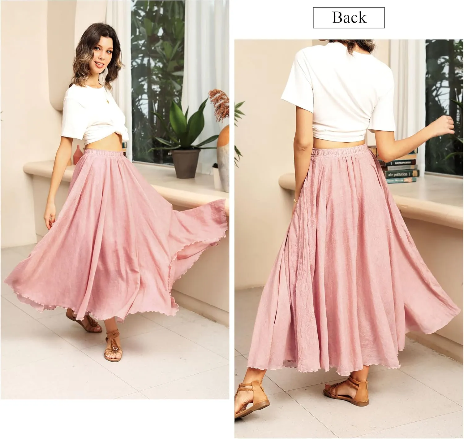 Ytfsrukp Womens Elastic High Waist Pleated A-Line Pleated Boho Flowy Swing Ruffle Long Skirts Ruffle Maxi Skirt