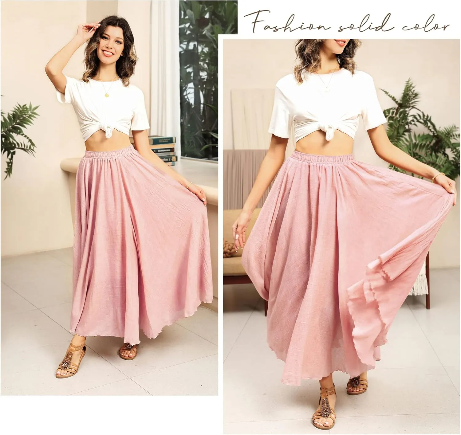 Ytfsrukp Womens Elastic High Waist Pleated A-Line Pleated Boho Flowy Swing Ruffle Long Skirts Ruffle Maxi Skirt