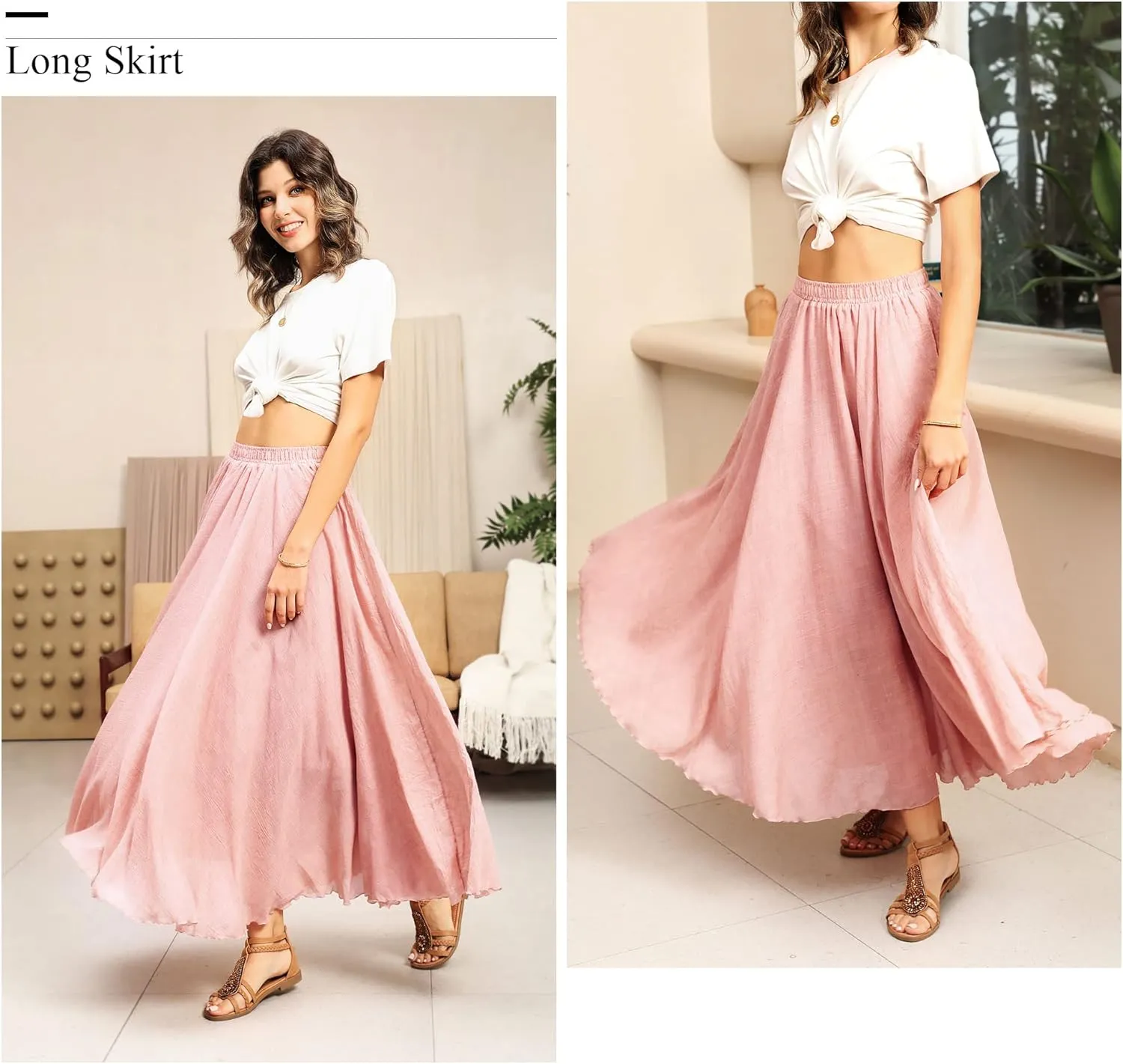 Ytfsrukp Womens Elastic High Waist Pleated A-Line Pleated Boho Flowy Swing Ruffle Long Skirts Ruffle Maxi Skirt