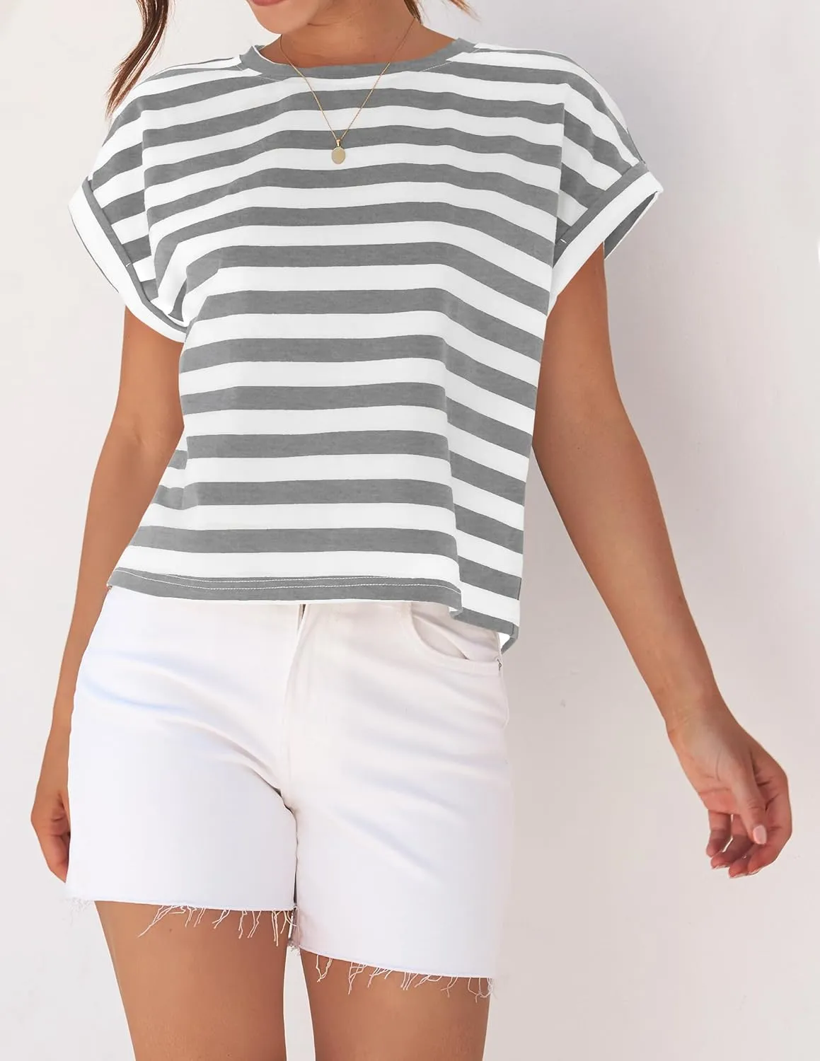 ZESICA Womens Summer Cap Sleeve Crewneck Tops Casual Loose Striped T-Shirts Basic Tees