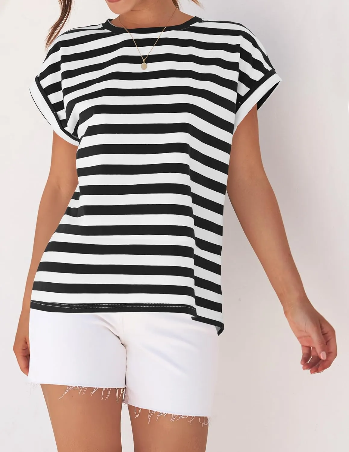 ZESICA Womens Summer Cap Sleeve Crewneck Tops Casual Loose Striped T-Shirts Basic Tees