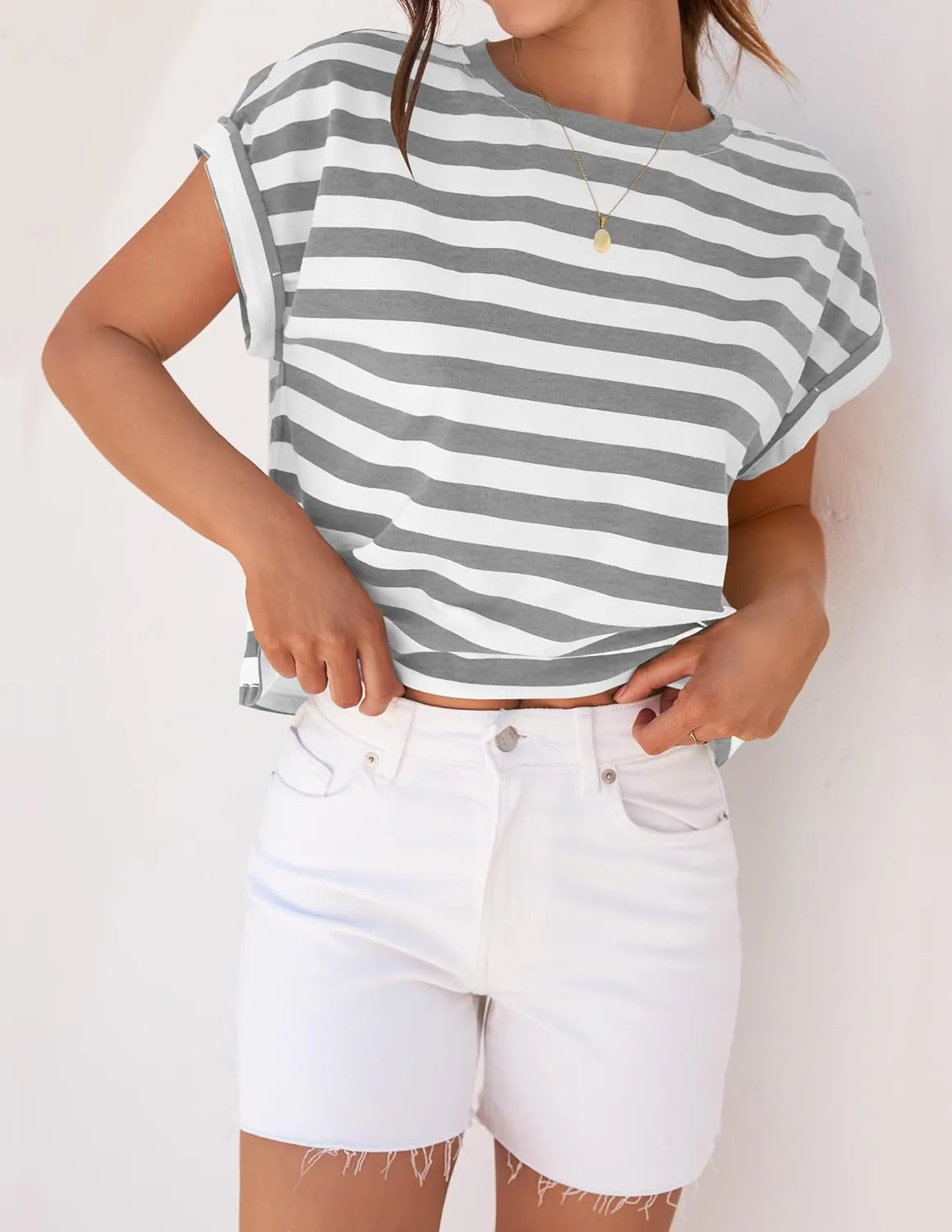 ZESICA Womens Summer Cap Sleeve Crewneck Tops Casual Loose Striped T-Shirts Basic Tees