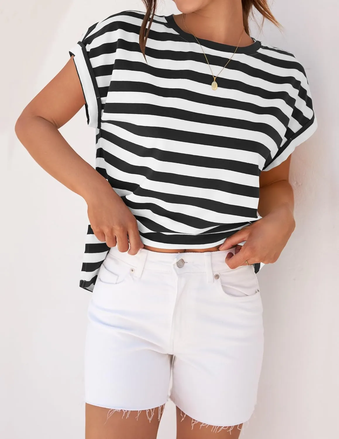ZESICA Womens Summer Cap Sleeve Crewneck Tops Casual Loose Striped T-Shirts Basic Tees