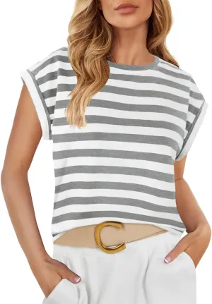 ZESICA Womens Summer Cap Sleeve Crewneck Tops Casual Loose Striped T-Shirts Basic Tees