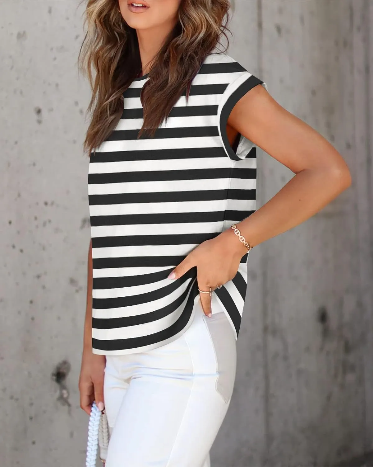 ZESICA Womens Summer Cap Sleeve Crewneck Tops Casual Loose Striped T-Shirts Basic Tees