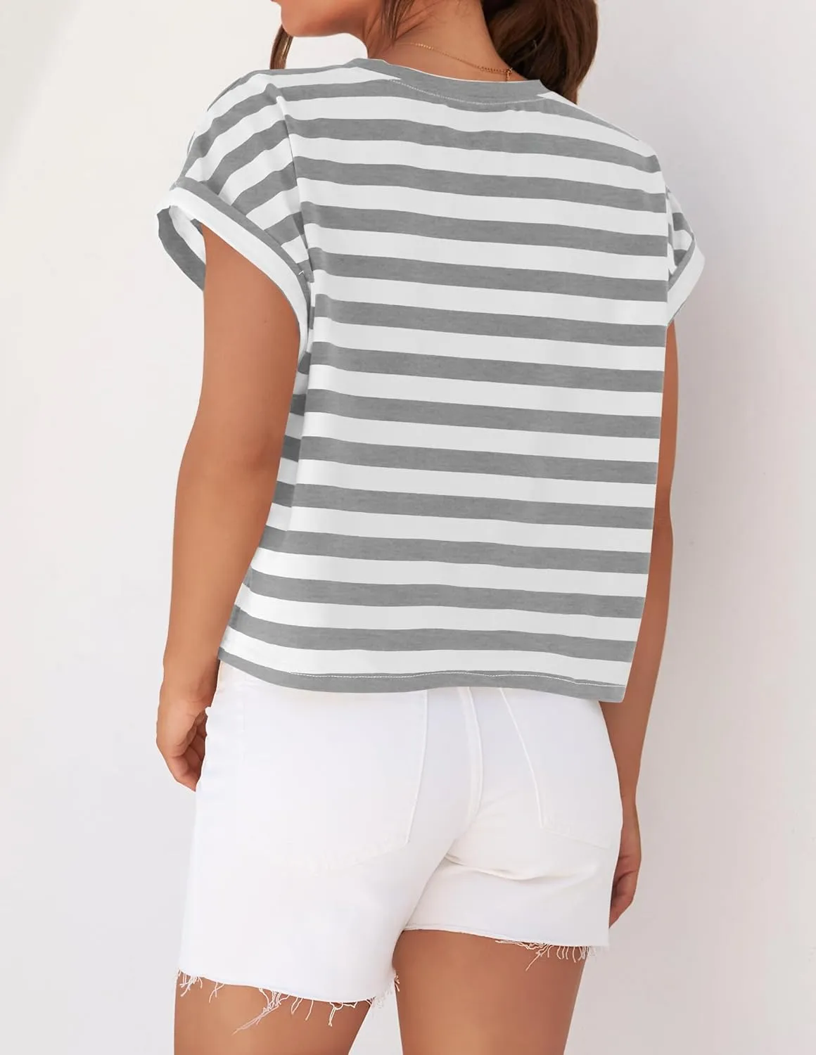 ZESICA Womens Summer Cap Sleeve Crewneck Tops Casual Loose Striped T-Shirts Basic Tees