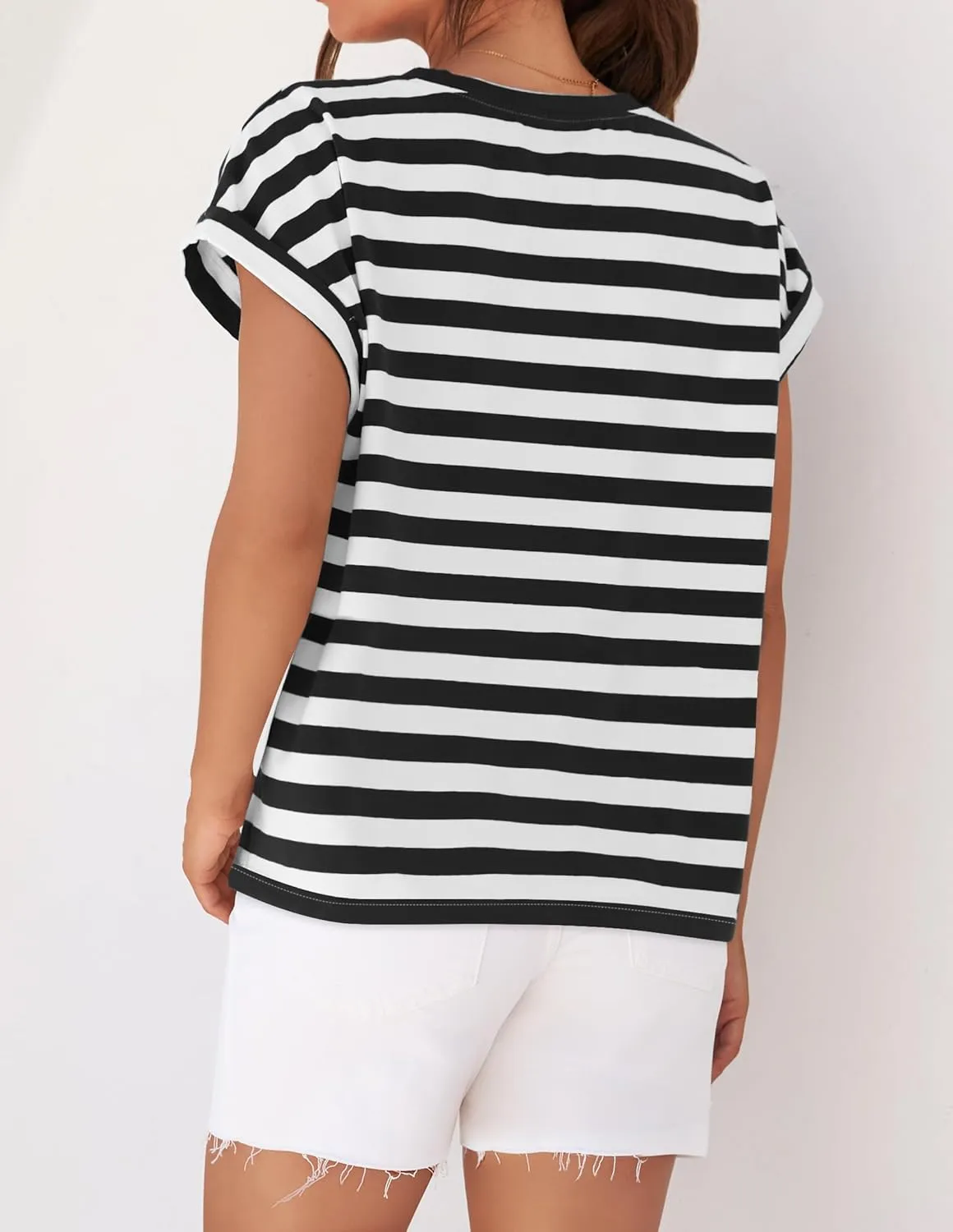ZESICA Womens Summer Cap Sleeve Crewneck Tops Casual Loose Striped T-Shirts Basic Tees
