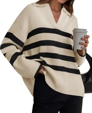 ZESICA Women's Winter Sweaters Lapel V Neck Long Sleeve Striped Chunky Knit Oversized Pullover Sweater Jumper Tops
